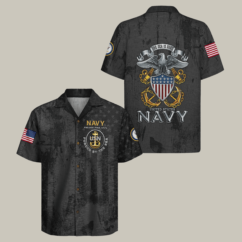 US Navy Hawaiian Shirt Forged By The Sea Shirt Navy Veteran Present For Boyfriend