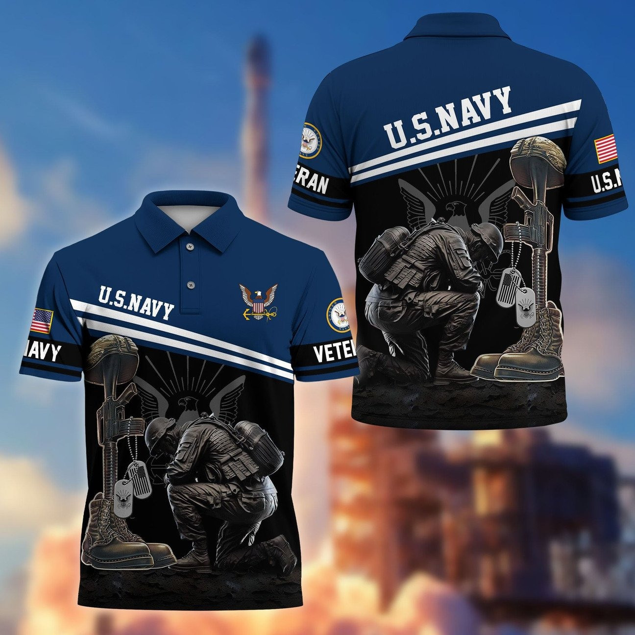 US Navy Kneeling Soldier US Army Polo Shirt - Honor Veterans on Memorial Veterans Day