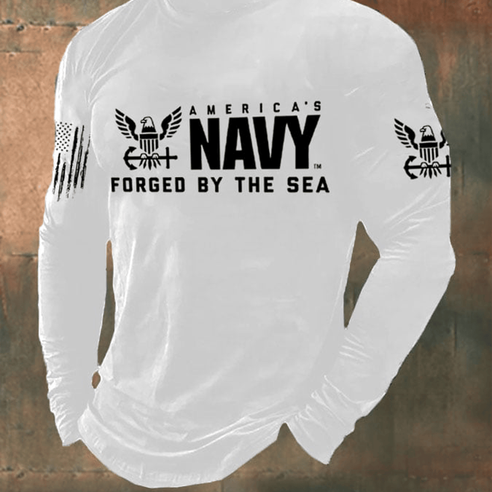 US Navy Marines Forged By The Sea Long Sleeve Shirt Proud Military Patriotic Shirt Gifts For Navy Veterans
