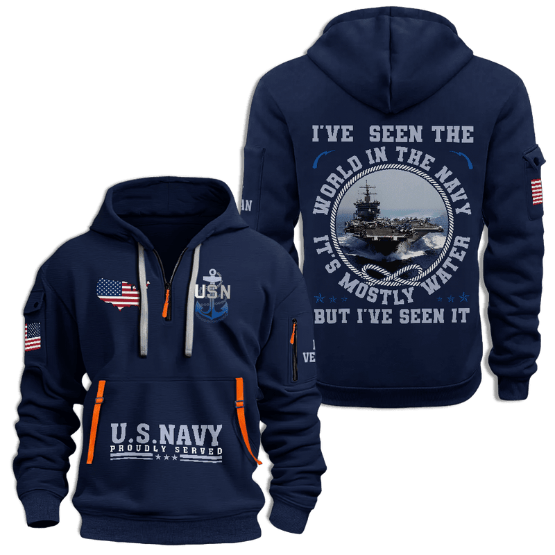 US Navy Proudly Served Half Zip Hoodie USN Veteran Hoodie Navy Veteran Gifts