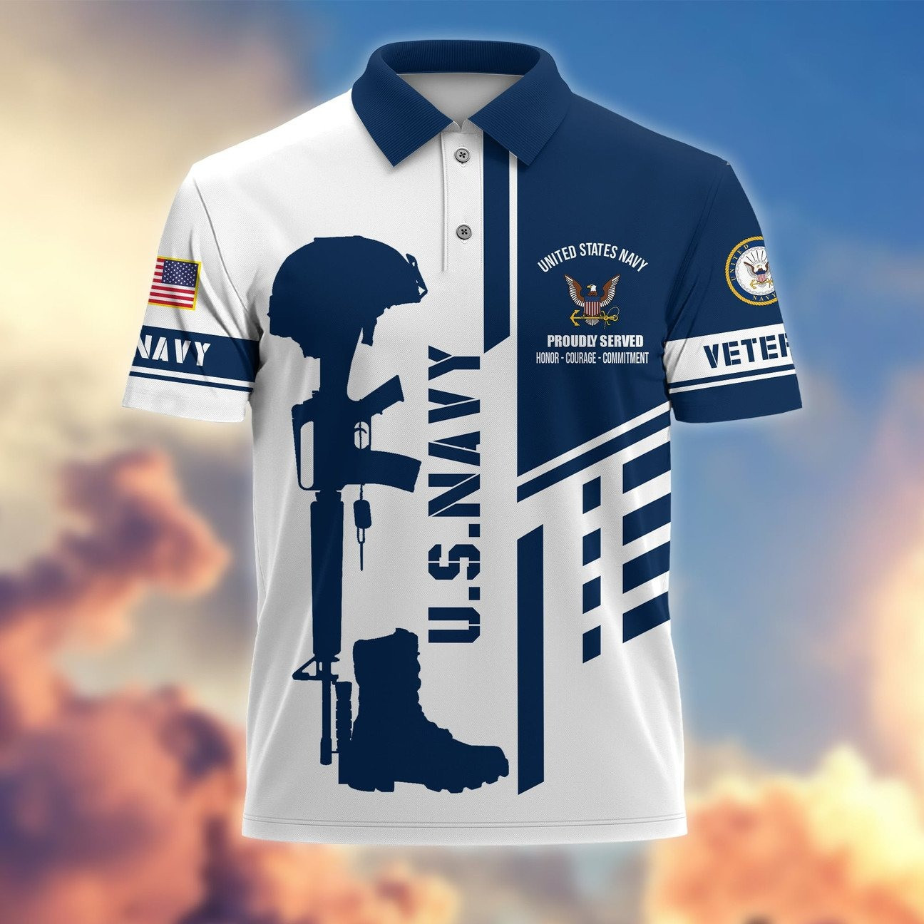 US Navy Proudly Served Honor Courage Commitment Polo Shirt Perfect Gift for For Dad and Husband on Veterans Day