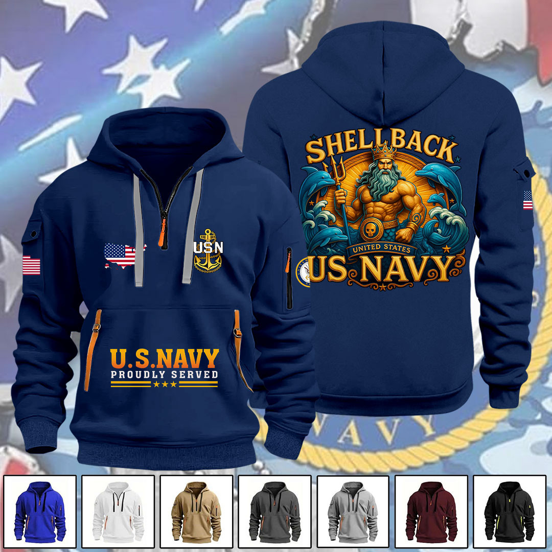US Navy Proudly Served Quarter Zip Hoodie Shellback Navy Apparel Gifts For Boyfriend