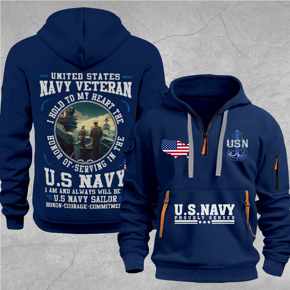 US Navy Proudly Served Quarter Zip Hoodie USN Veterans Merch Gifts For Navy Veterans