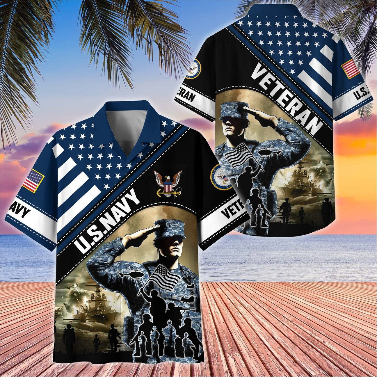 US Navy Soldier Salute Flag Military Tank Patriotic Hawaiian Shirt Gift for Army Mens on Veterans Day