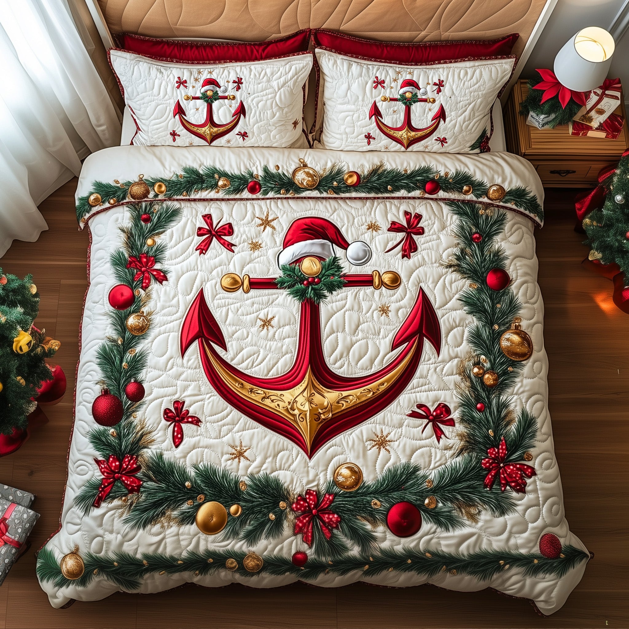 US Navy Veteran Christmas Anchor Quilted Bedding Set Duvet Cover Bedspread Xmas Gifts For Family