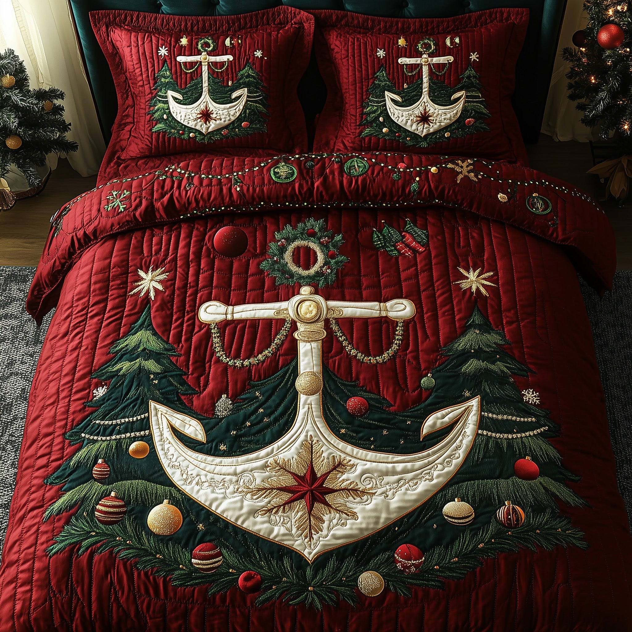 US Navy Veteran Christmas Anchor Quilted Bedding Set Duvet Cover Bedspread Xmas Patriotic Gifts