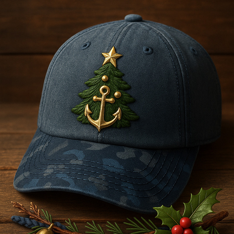 US Navy Veteran Christmas Camo Hat Pine Tree Pattern Anchor Cap Gifts For Navy