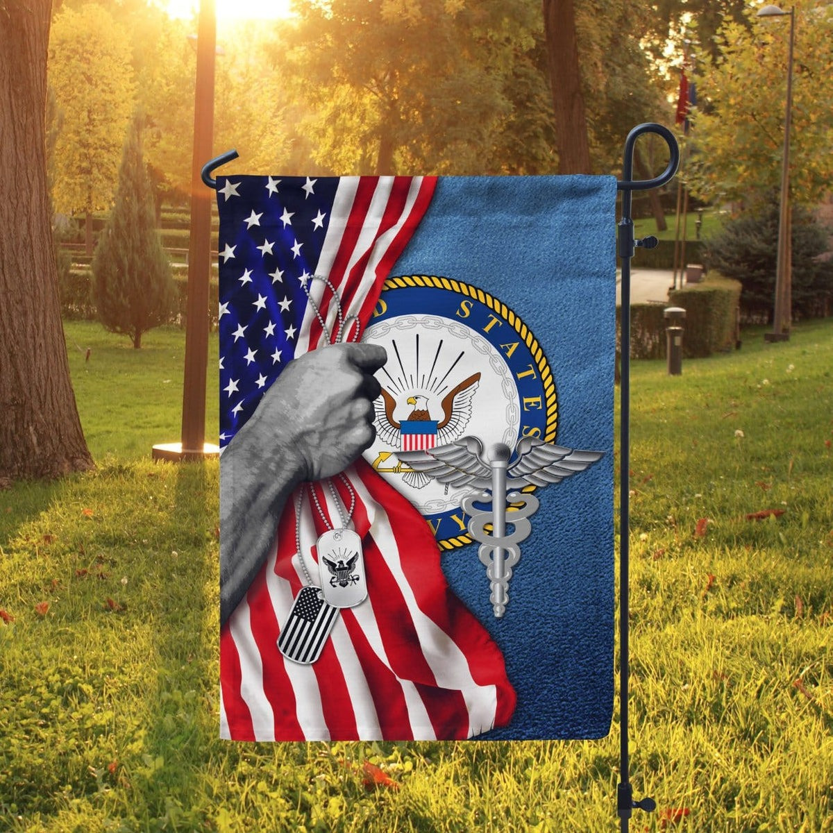 US Navy Veteran Flag Half USA Flag Dog Tag Outdoor Decor Military Gift Ideas