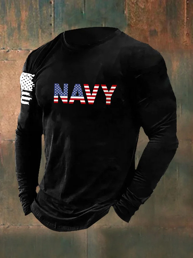 US Navy Veteran Long Sleeve Shirt American Flag Letters Navy Merch Gifts For Him