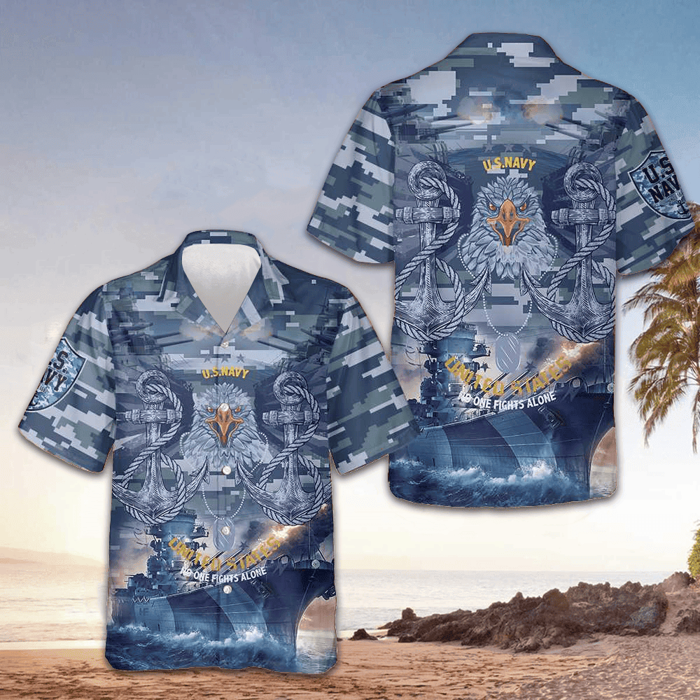 US Navy Veteran No One Fights Alone Hawaiian Shirt Camo Button Up Shirt Gifts For Navy Veterans