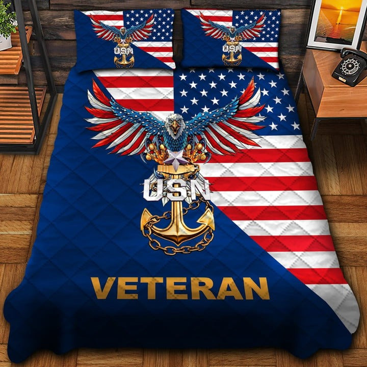 US Navy Veteran Quilted Bedding Set Duvet Cover Bedspread Eagle USA Flag Veterans Day Gifts