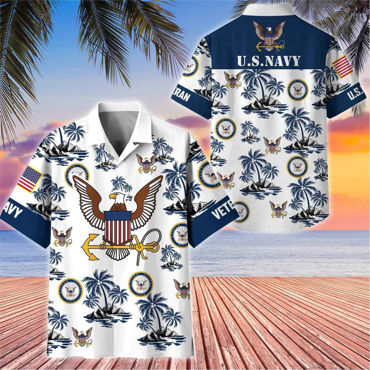 US Navy White Great Seal Eagle Palm Tree Tropical Island Hawaiian Shirt Gift for Army Mens on Veterans Day