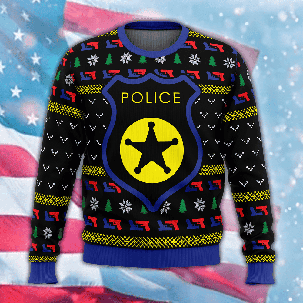 US Police Badge Ugly Christmas Sweater Support Thin Blue Line Law Enforcement Ugly Xmas Sweater