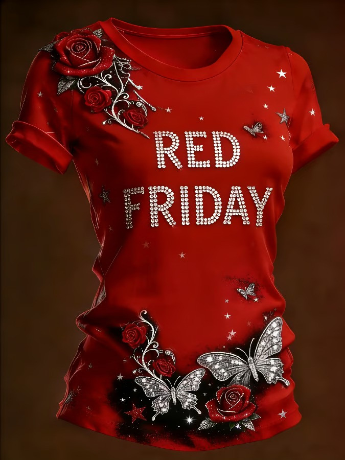 US RED Friday Butterfly Red Rose Shirt Army Retirement Apparel Memorial Gifts For Veterans