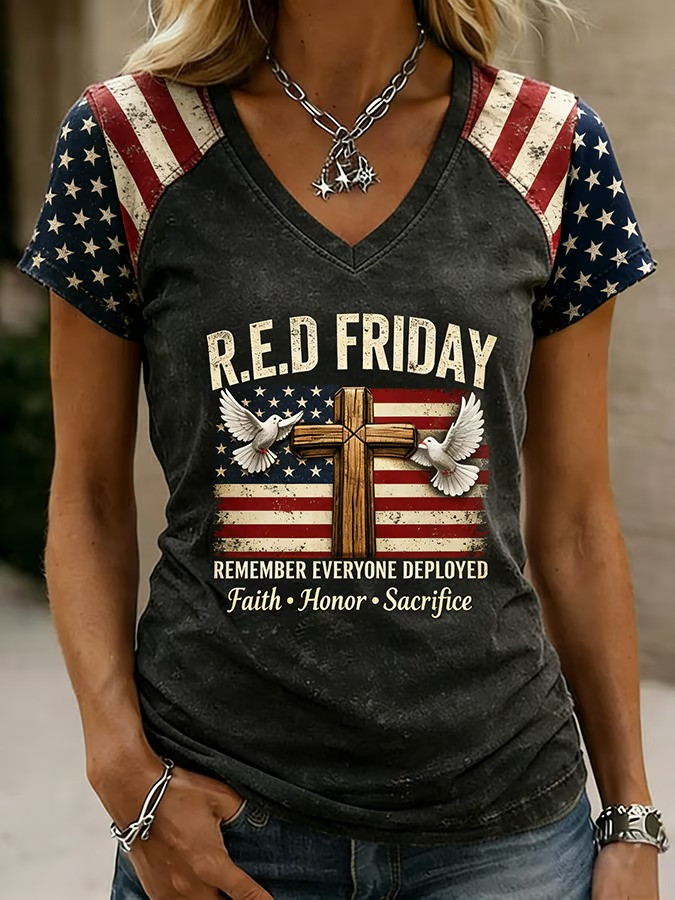 US RED Friday Merch Remember Everyone Deployed V-Neck Shirt Faith Honor Sacrifice Shirt