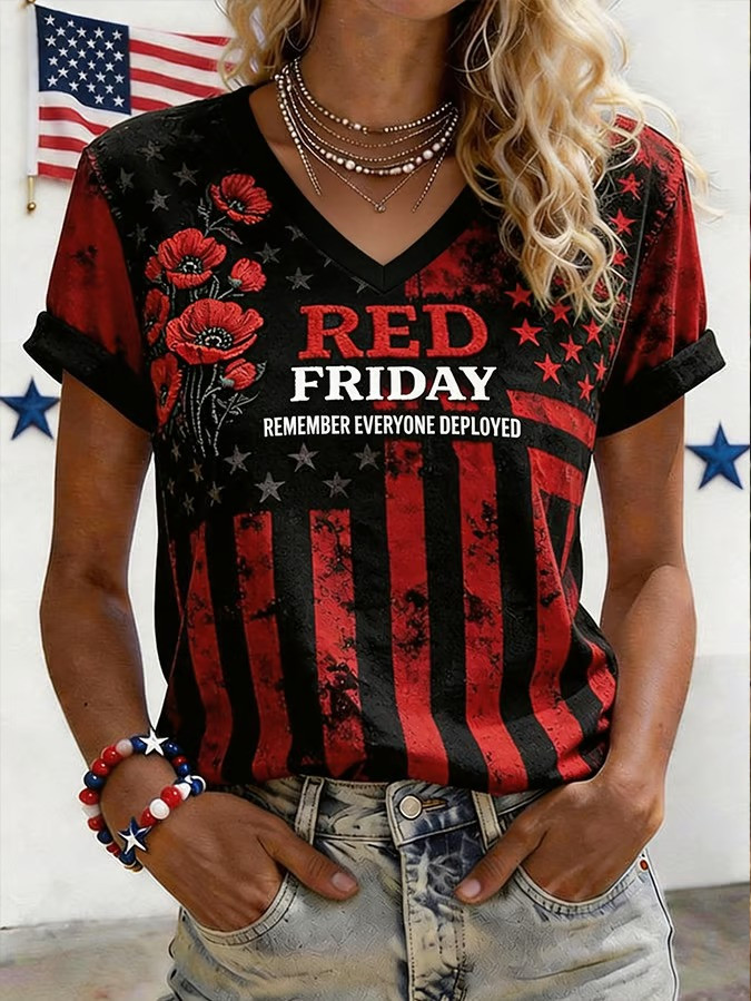US RED Friday Merch Remember Everyone Deployed V-Neck Shirt Proud Veteran Apparel