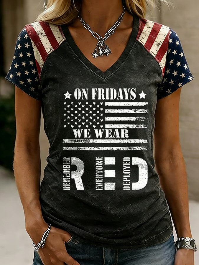 US RED Friday On Fridays We Wear Red V-Neck Shirt US Flag Apparel Veterans Memorial Gifts