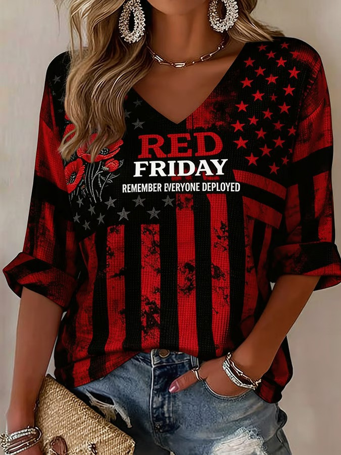 US RED Friday Remember Everyone Deployed V-Neck Long Sleeve Shirt Veterans Gifts Idea