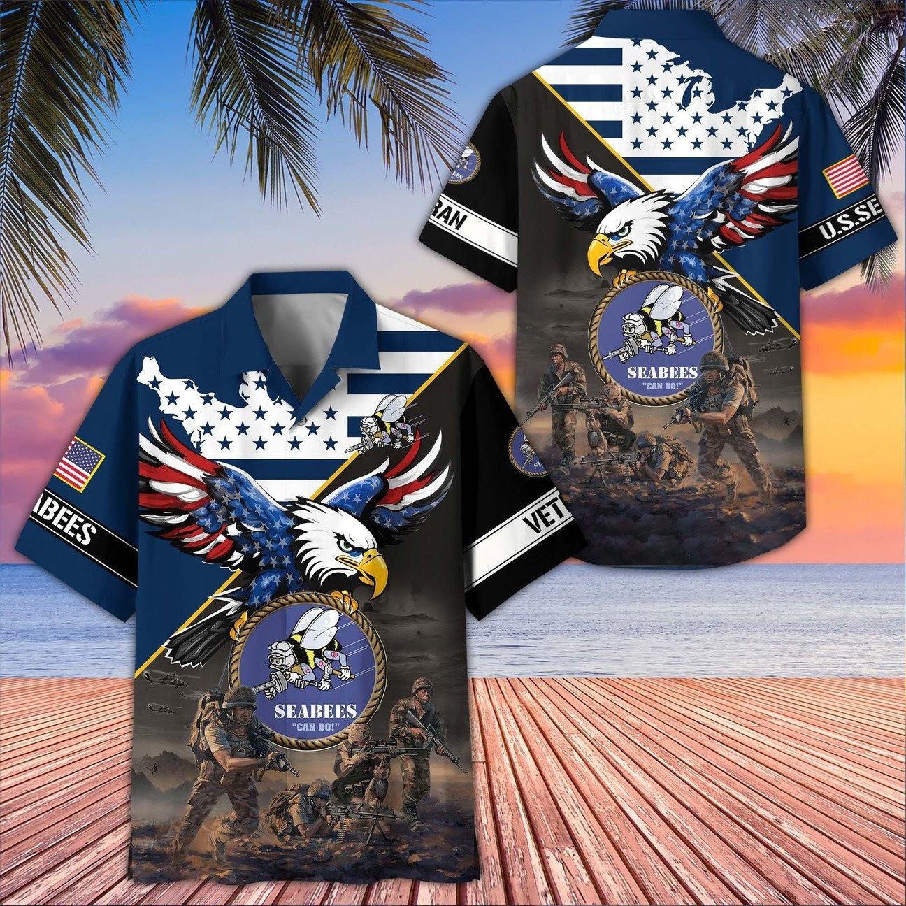 US Seabees American Eagle Map Soldiers Battle Scene Hawaiian Shirt Military Gift for Army Mens on Veterans Day
