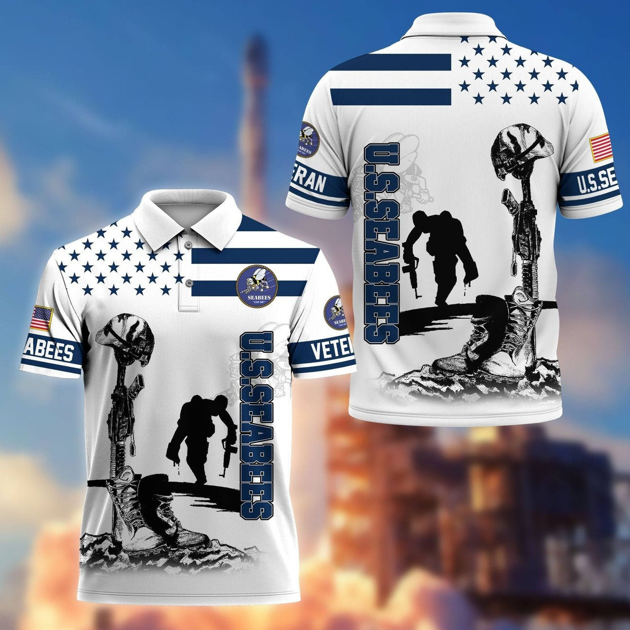 US Seabees Fallen Soldier Polo Shirt Veteran Memorial Tribute Gift for Dad and Husband on Veteran Day