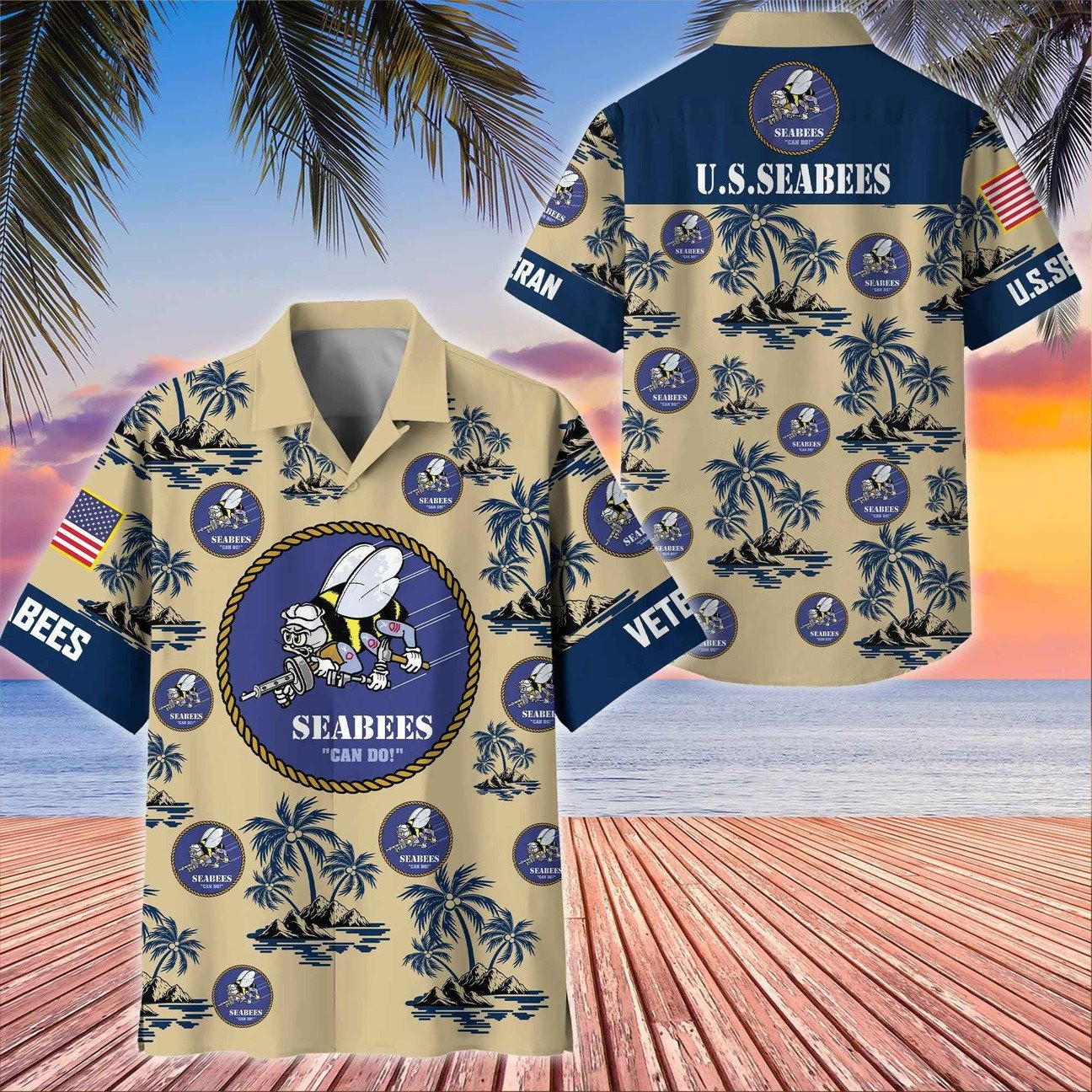 US Seabees Great Seal Eagle Palm Tree Island Military Hawaiian Shirt Summer Gift for Army Mens on Veterans Day