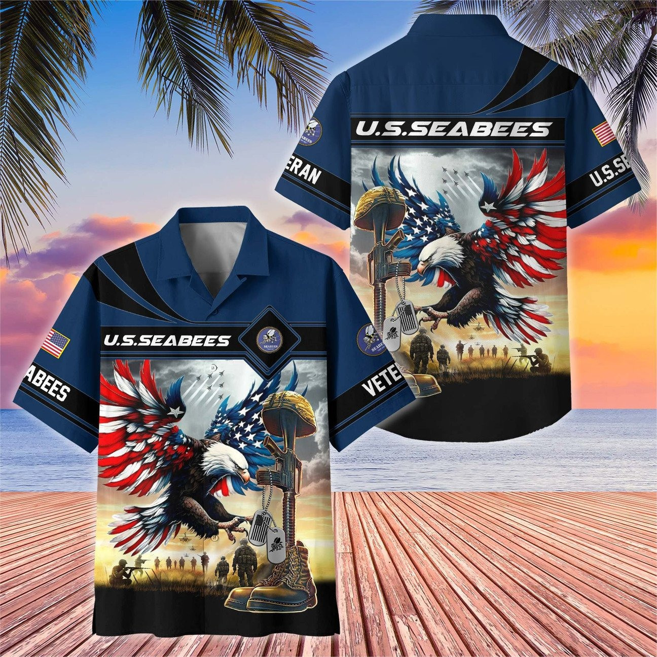 US Seabees Hawaiian American Eagle Flag Shirt Veteran Patriotic Gift for Mens on Veterans Day