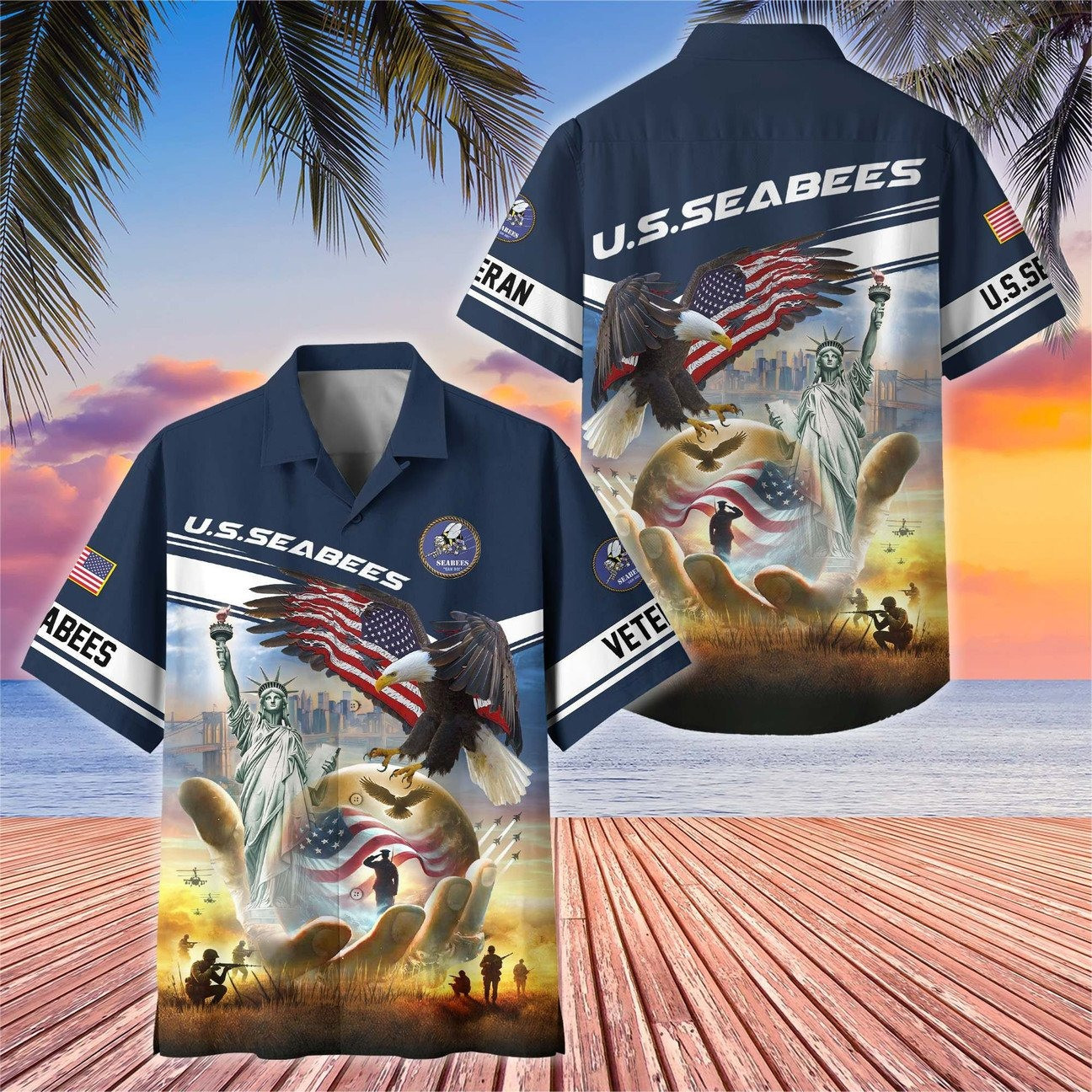 US Seabees Hawaiian American Eagle Liberty Statue Flag Shirt Patriotic Military Gift for Mens on Veterans Day