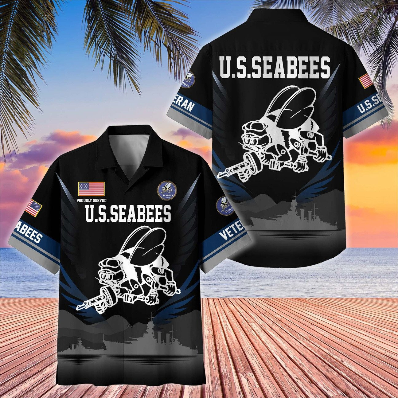 US Seabees Hawaiian Veteran Black Military Eagle Emblem Shirt Soldier Gift for Army Mens on Veterans Day