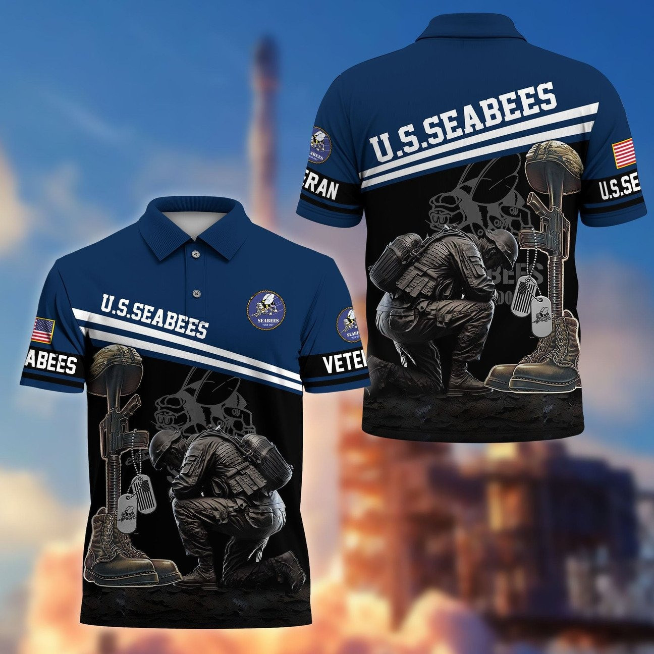US Seabees Kneeling Soldier US Army Polo Shirt - Honor Veterans on Memorial Veterans Day