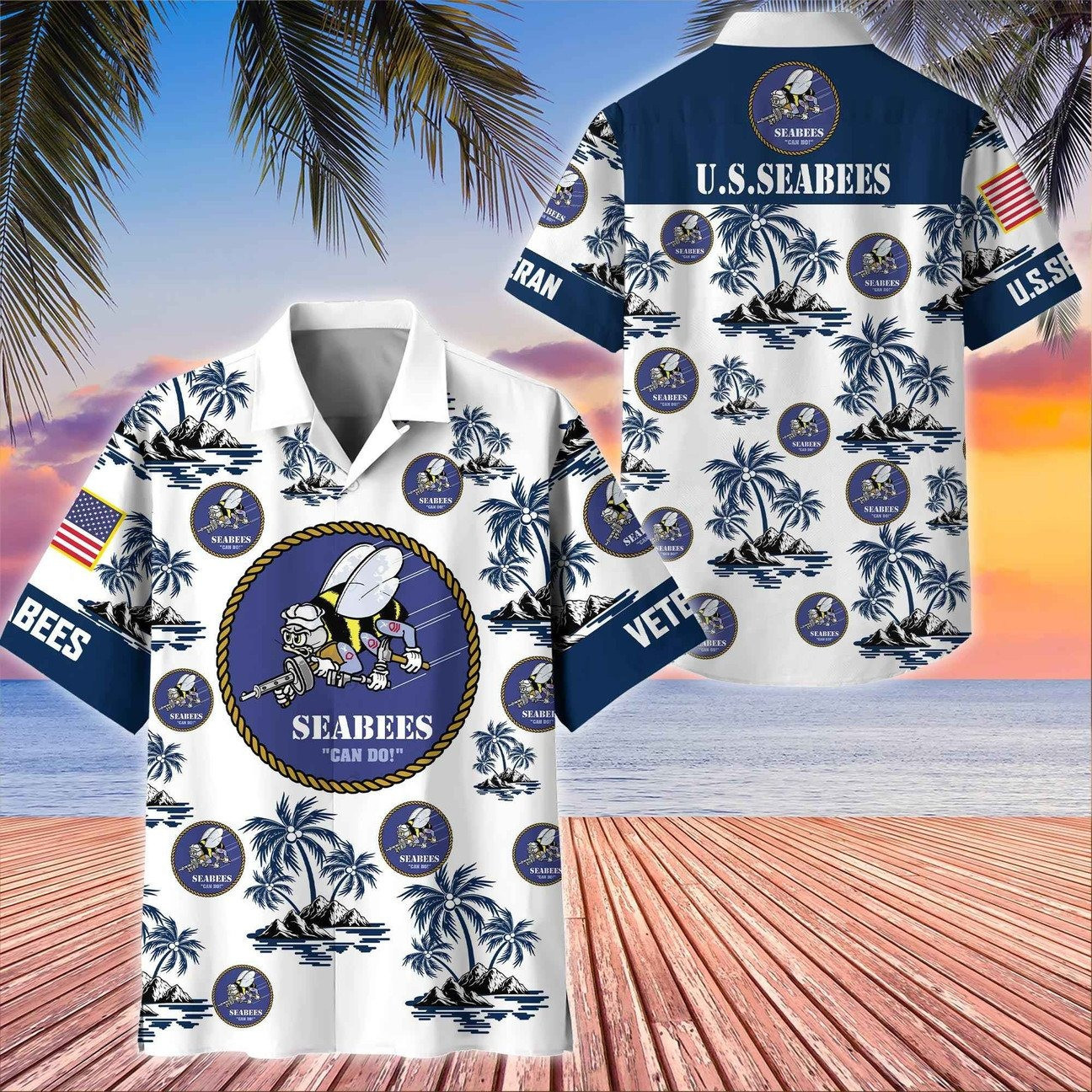 US Seabees Palm Tree Tropical Island Hawaiian Shirt Gift for Army Mens on Veterans Day