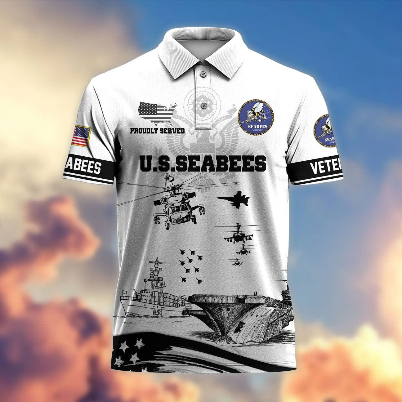 US Seabees Proudly Served Polo Shirt Infantry Military Gift for Dad and Husband and Friends on Veterans Day