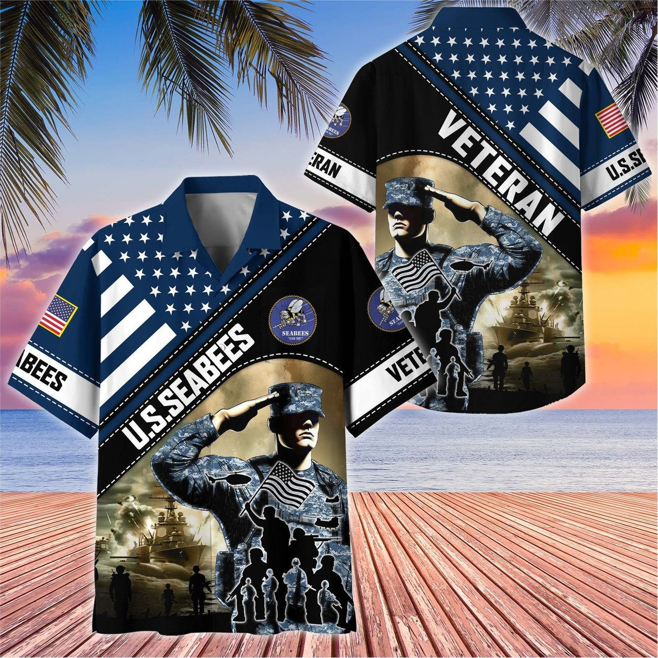 US Seabees Soldier Salute Flag Military Tank Patriotic Hawaiian Shirt Gift for Army Mens on Veterans Day