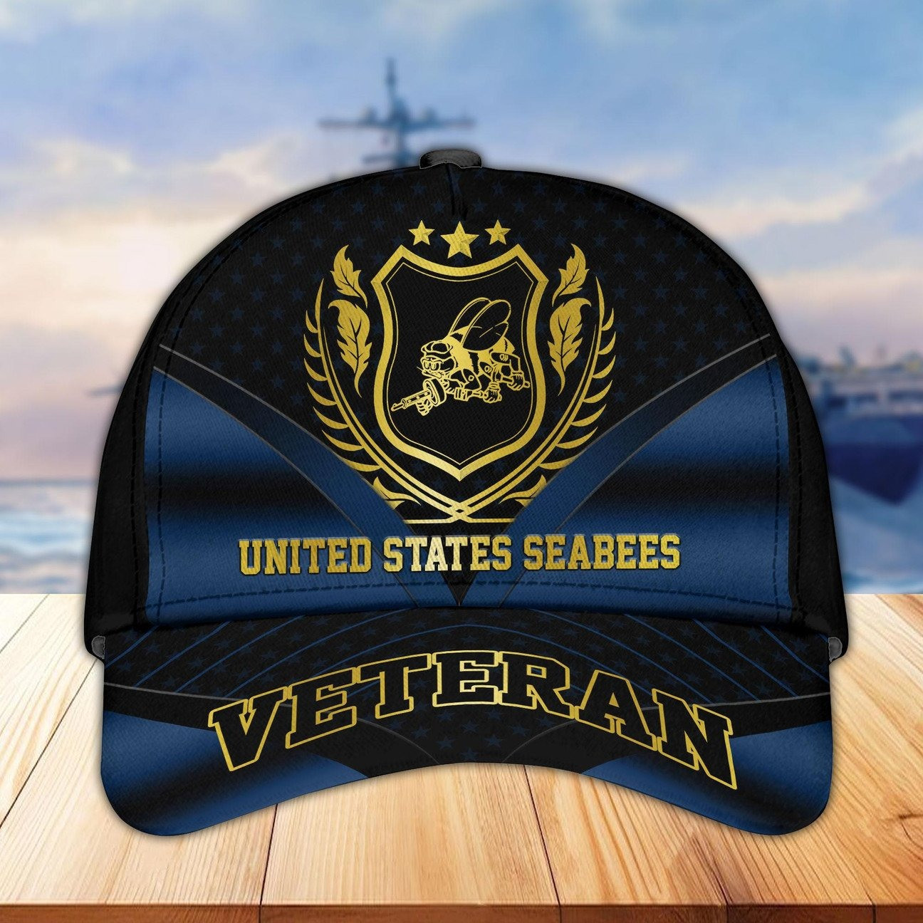 US Seabees Veteran Cap Blue and Gold Patriotic Hat Gift for Veterans Father and Husband Day
