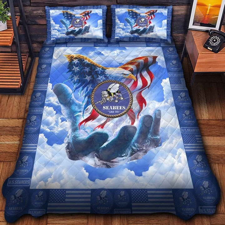 US Seabees Veteran Quilted Bedding Set Duvet Cover Bedspread Eagle USA Flag Gift For Wife