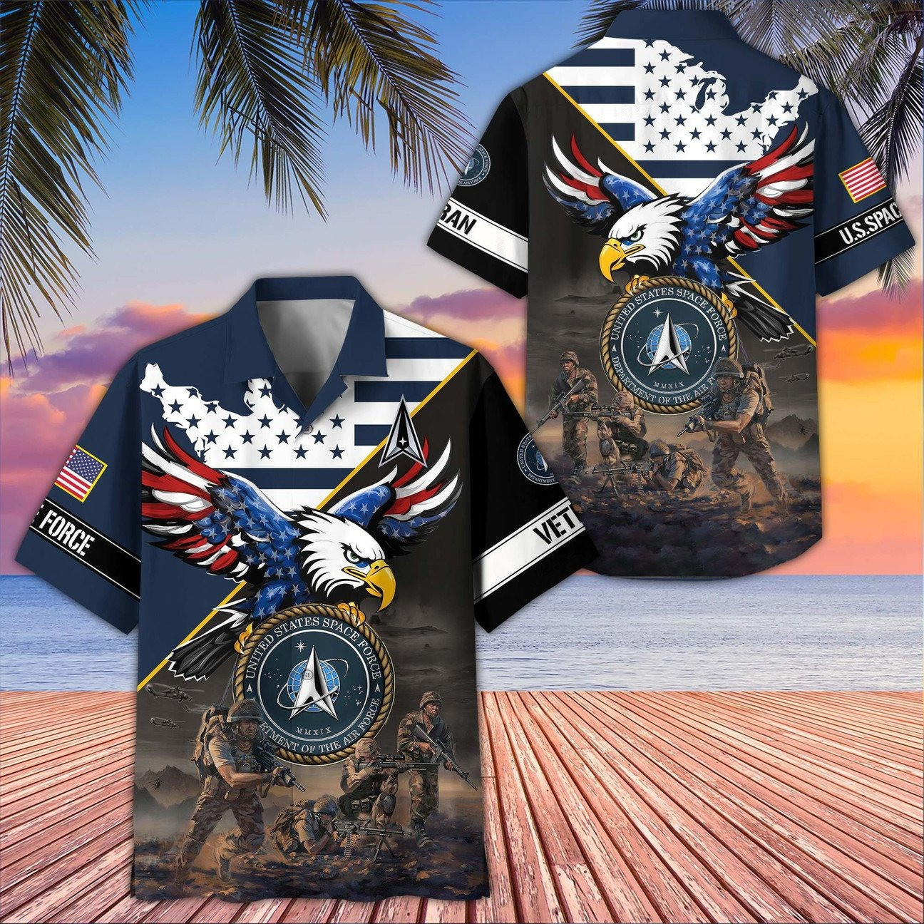 US Space Force American Eagle Map Soldiers Battle Scene Hawaiian Shirt Military Gift for Army Mens on Veterans Day
