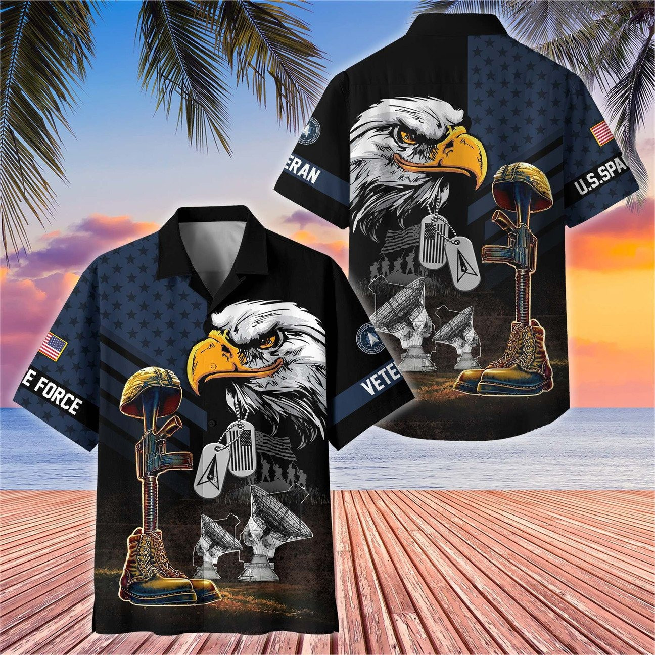 US Space Force Bald Eagle Dog Tag Military Tank Boots Helmet Hawaiian Shirt Gift for Army Mens on Veterans Day