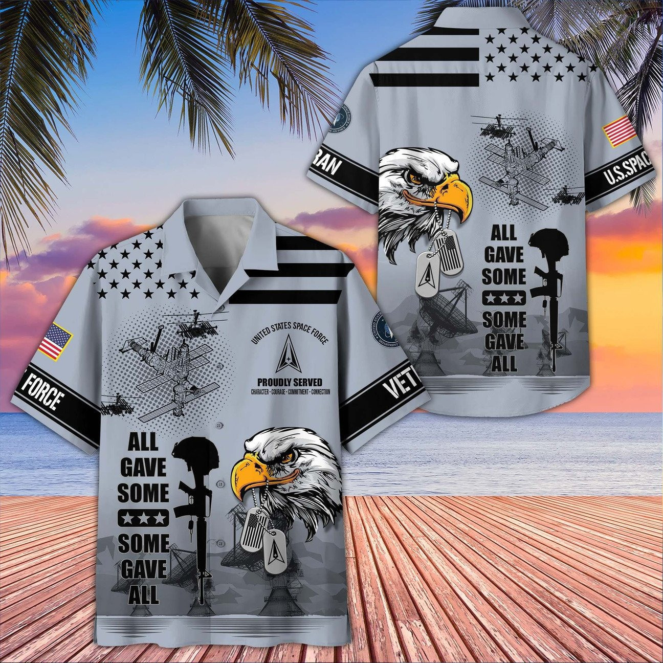US Space Force Bald Eagle With Dog Tag and Military Helicopter Hawaiian Shirt Gift for Army Mens on Veterans Day