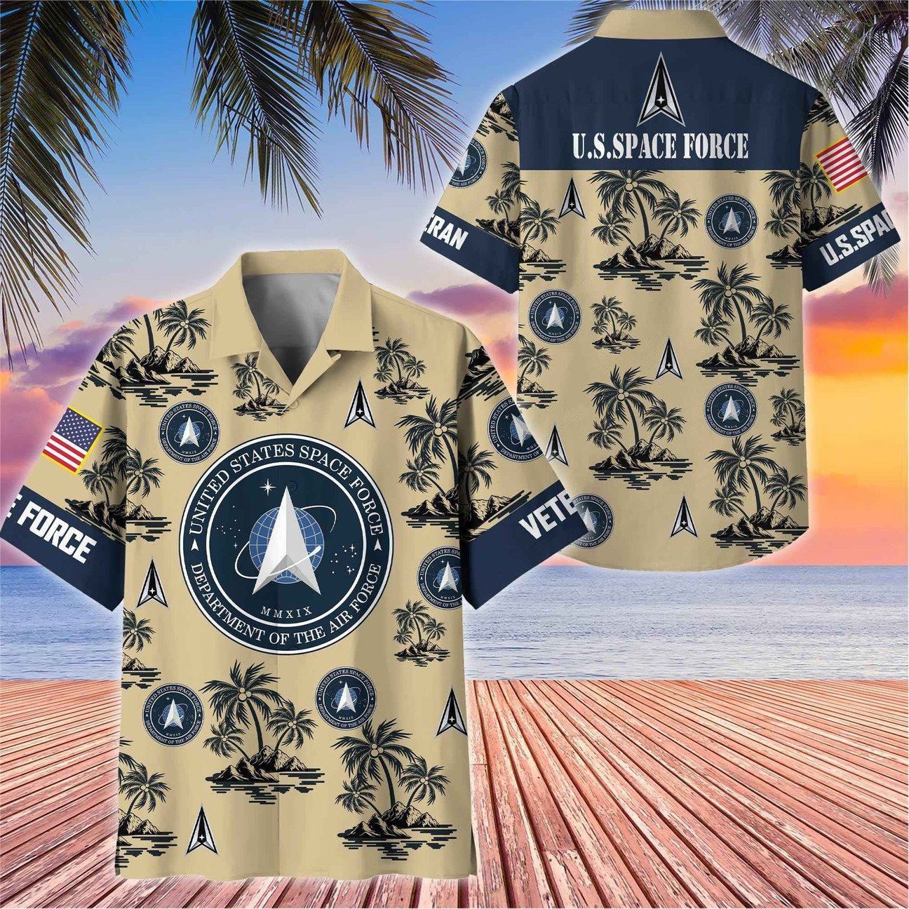US Space Force Great Seal Eagle Palm Tree Island Military Hawaiian Shirt Summer Gift for Army Mens on Veterans Day