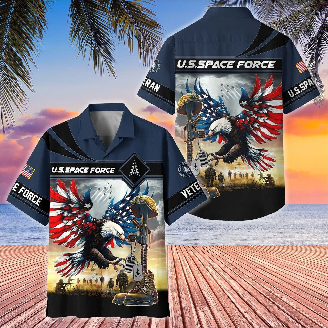 US Space Force Hawaiian American Eagle Flag Shirt Veteran Patriotic Gift for Mens on Veterans Day