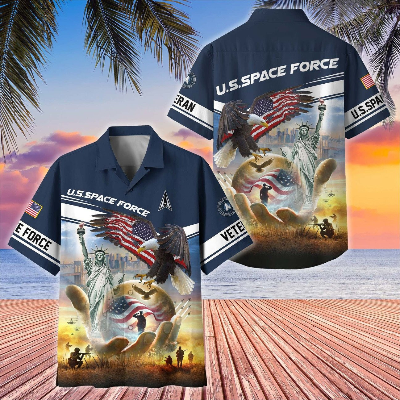 US Space Force Hawaiian American Eagle Liberty Statue Flag Shirt Patriotic Military Gift for Mens on Veterans Day