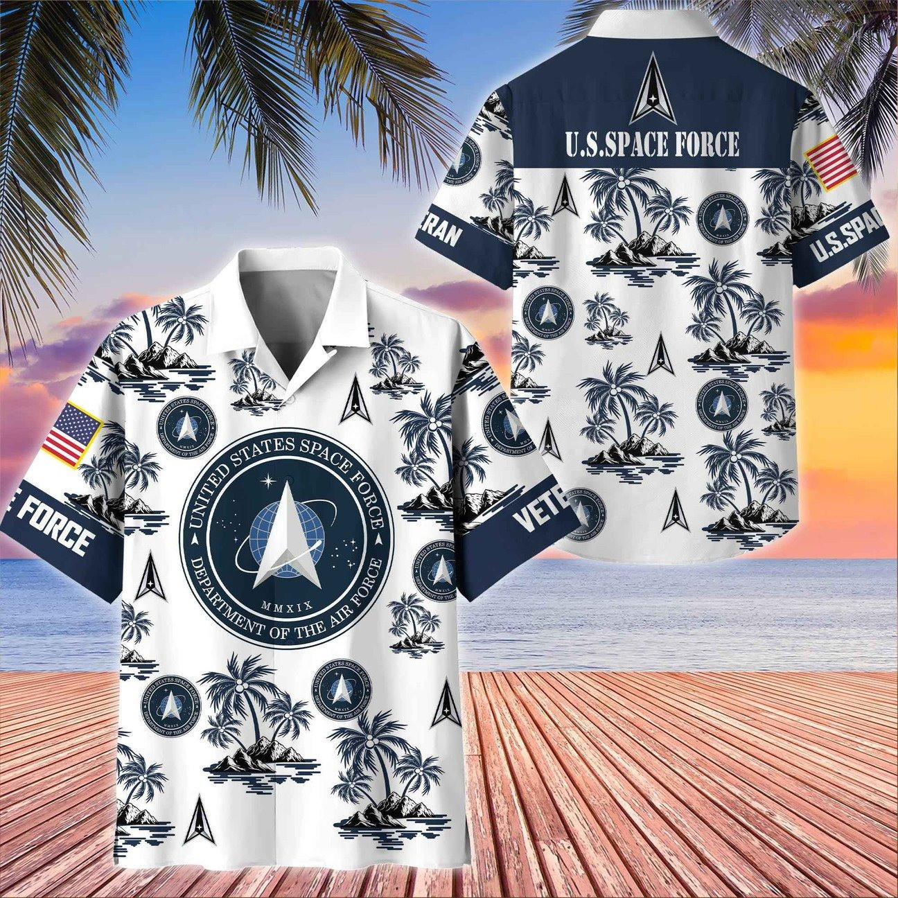 US Space Force White Great Seal Eagle Palm Tree Tropical Island Hawaiian Shirt Gift for Army Mens on Veterans Day