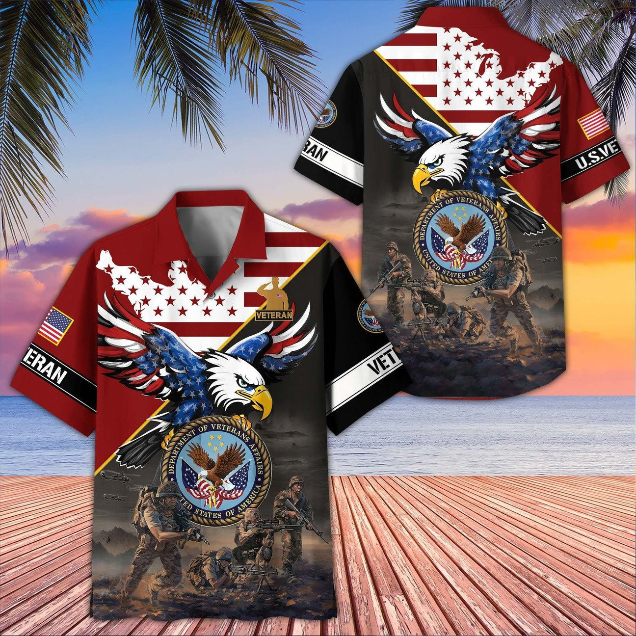 US Veteran American Eagle Map Soldiers Battle Scene Hawaiian Shirt Military Gift for Army Mens on Veterans Day