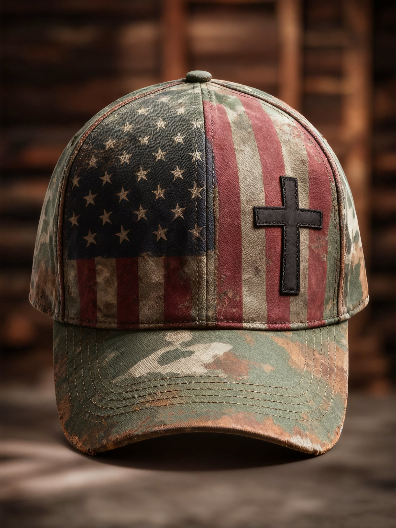 US Veteran Camo Hat American Flag Holy Cross Christian Themed Cap Gifts For Patriots