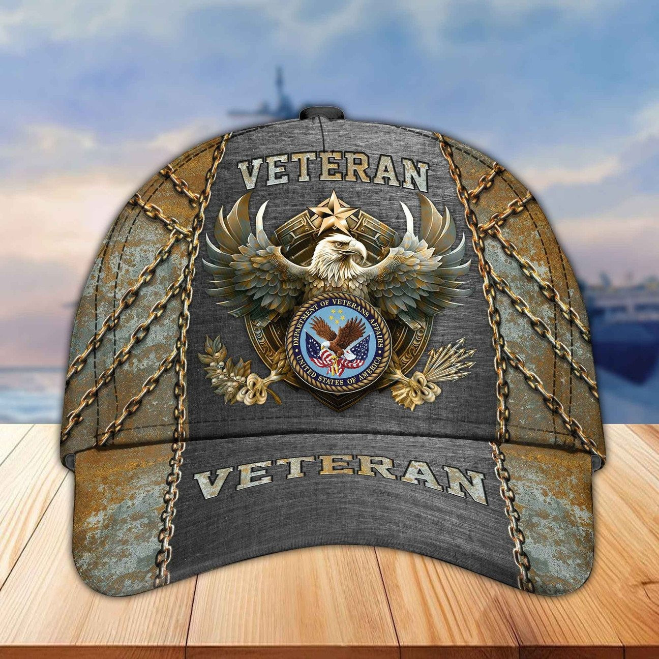 US Veteran Eagle Metal Chain Baseball Cap Gift For Father on Veterans Day
