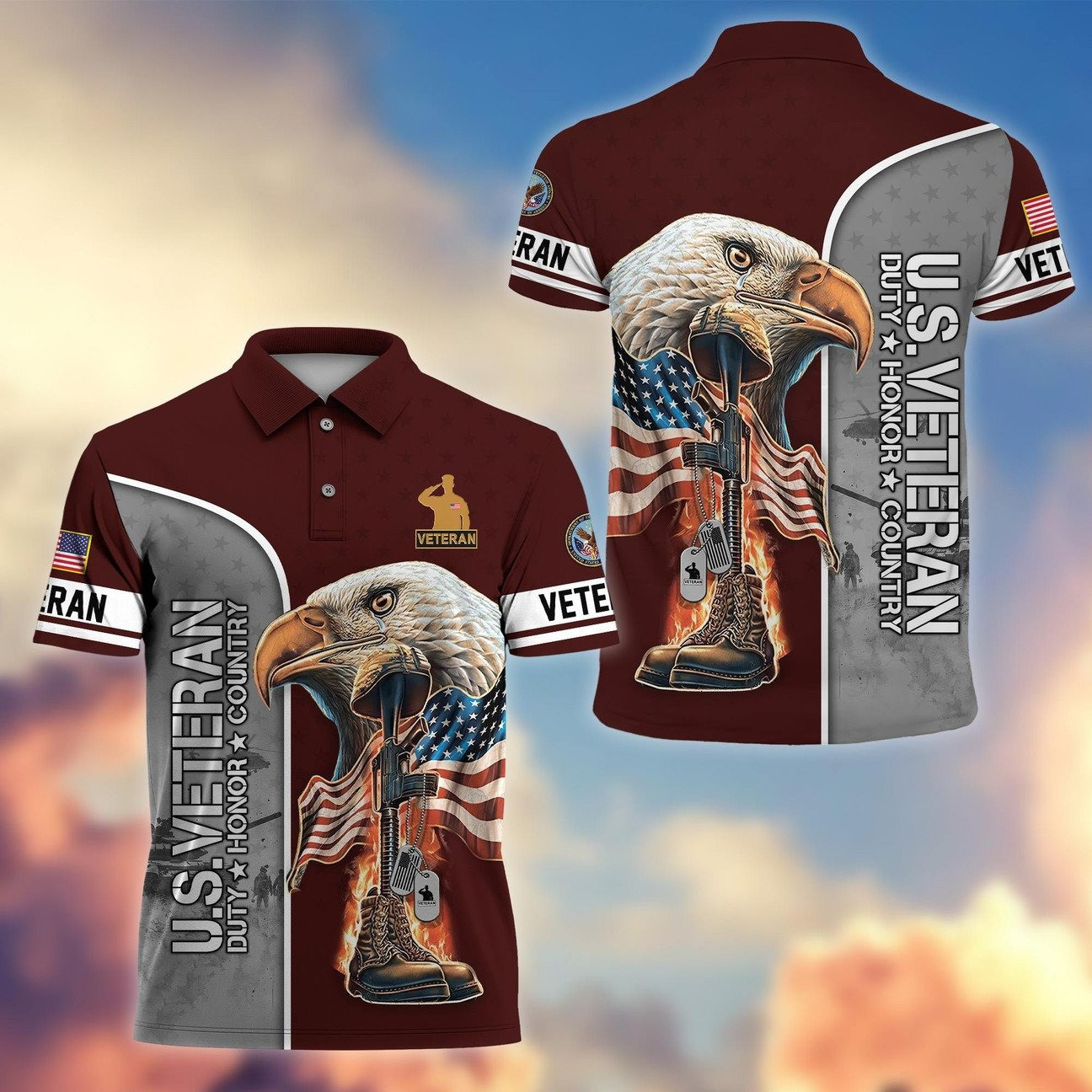 US Veteran Eagle Polo Shirt Honor'Country Military Gift for Dad and Husband on Veterans Day