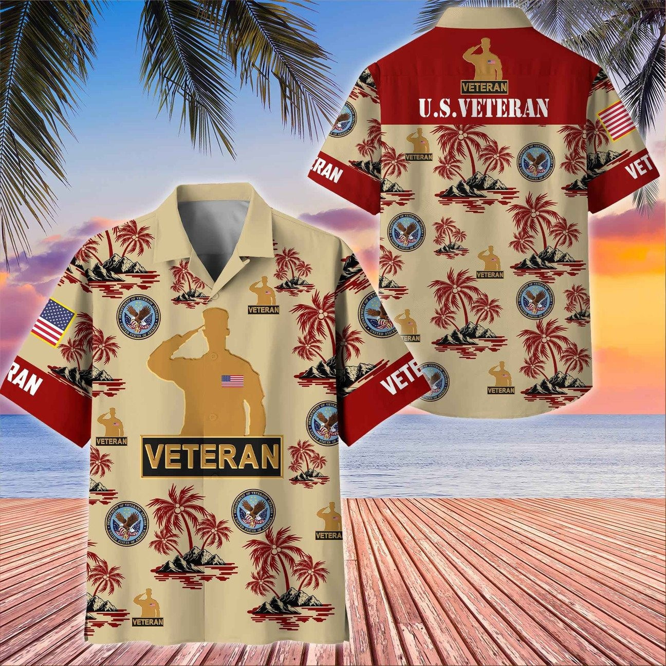 US Veteran Great Seal Eagle Palm Tree Island Military Hawaiian Shirt Summer Gift for Army Mens on Veterans Day