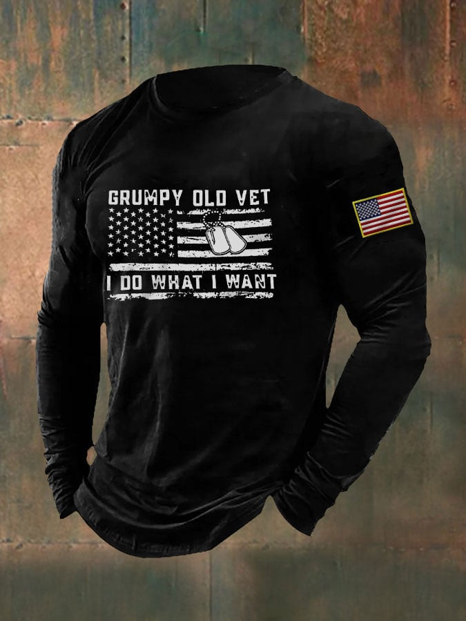 US Veteran Grumpy Old Vet Long Sleeve Shirt I Do What I Want American Flag Apparel Great Gifts