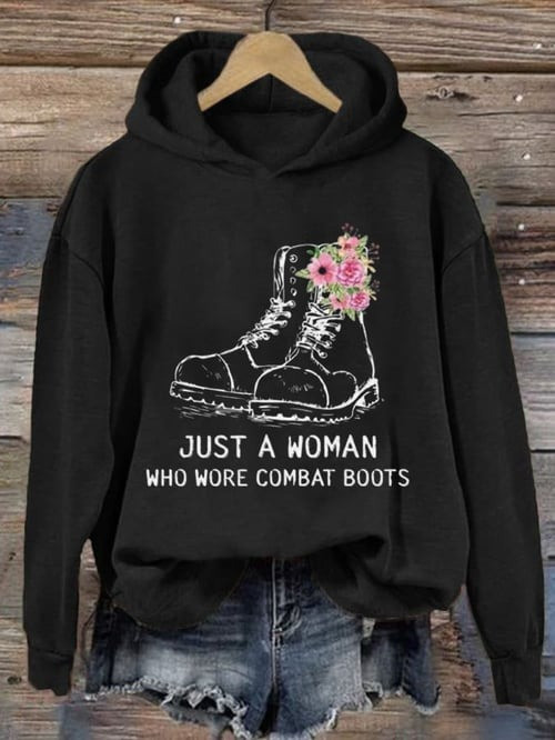 US Veteran Hoodie Just A Woman Who Wore Combat Boots Flowers Soldier Boots Patriotic Gifts