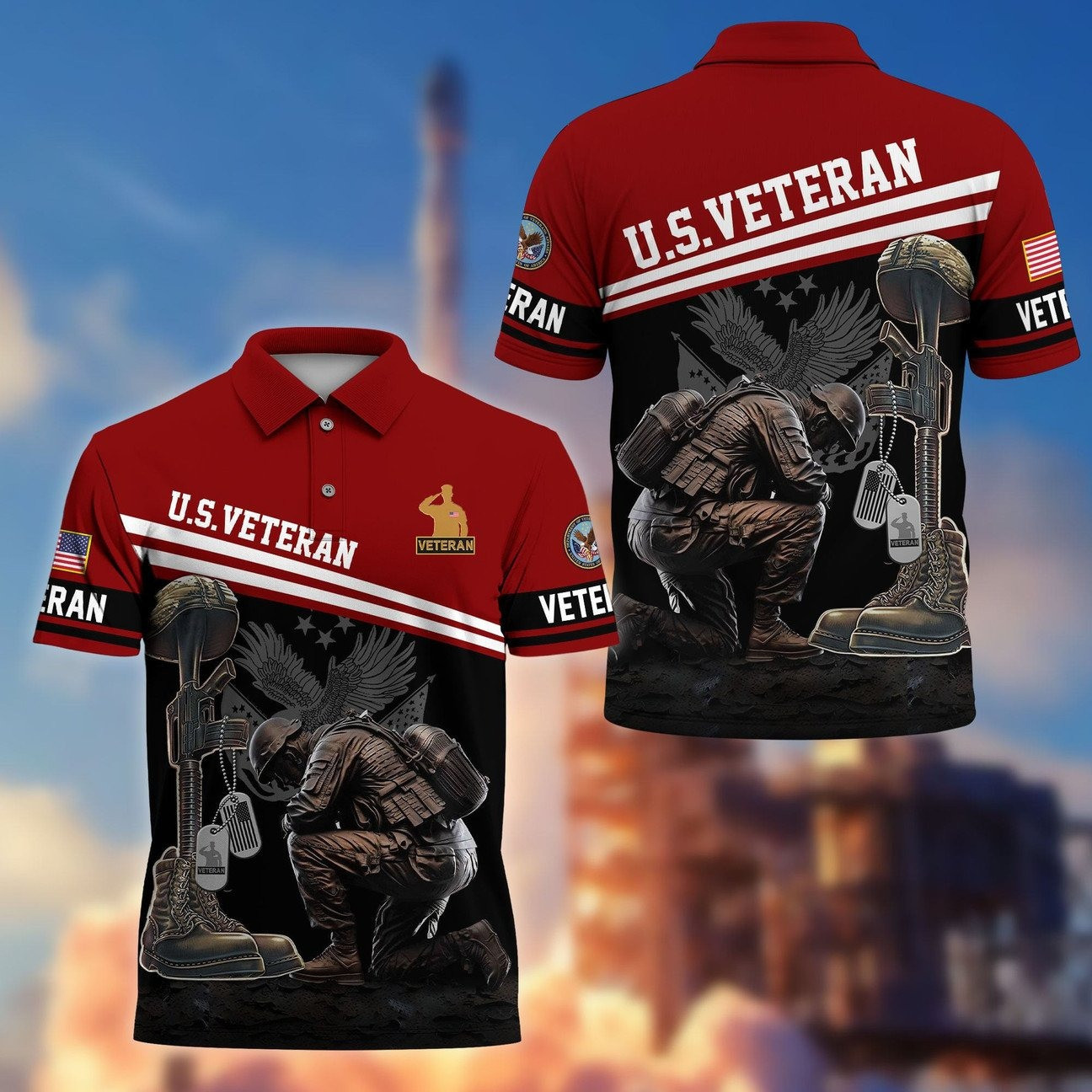 US Veteran Kneeling Soldier US Army Polo Shirt Honor Veterans on Memorial Veterans Day