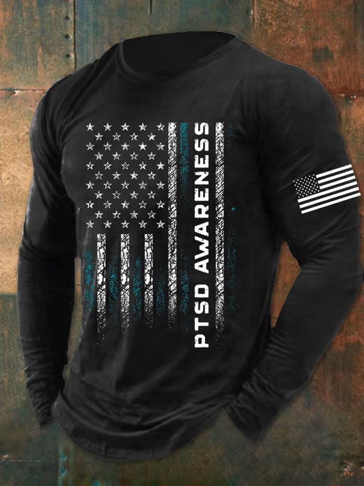 US Veteran PTSD Awareness Long Sleeve Shirt American Flag Apparel Gifts For Patriotic Dad